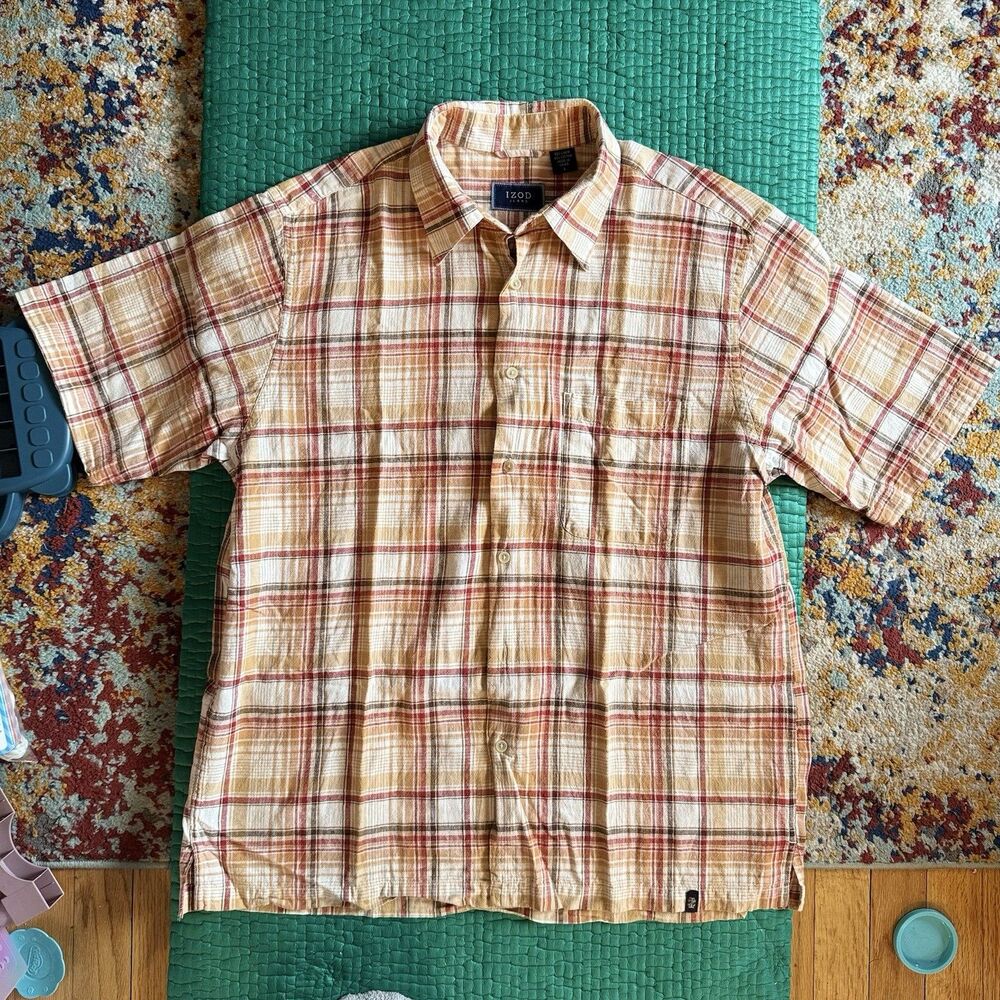Vintage Izod Shirt Men's L Collared Short Sleeve Button Up Preppy Classic